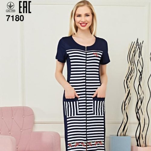 Халат Cotpark (M-3XL) 7180 white-navy (лето) Cotpark 7180 white-navy
